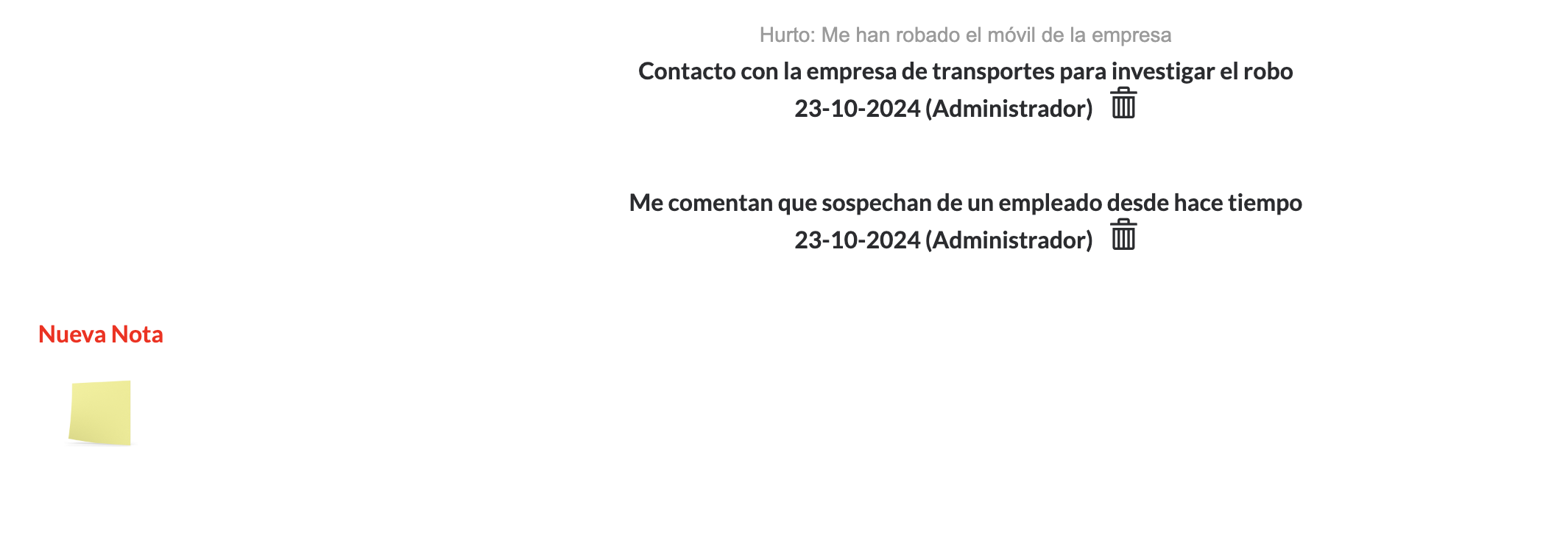 Creación de notas internas del caso visibles únicamente por los administradores del caso.