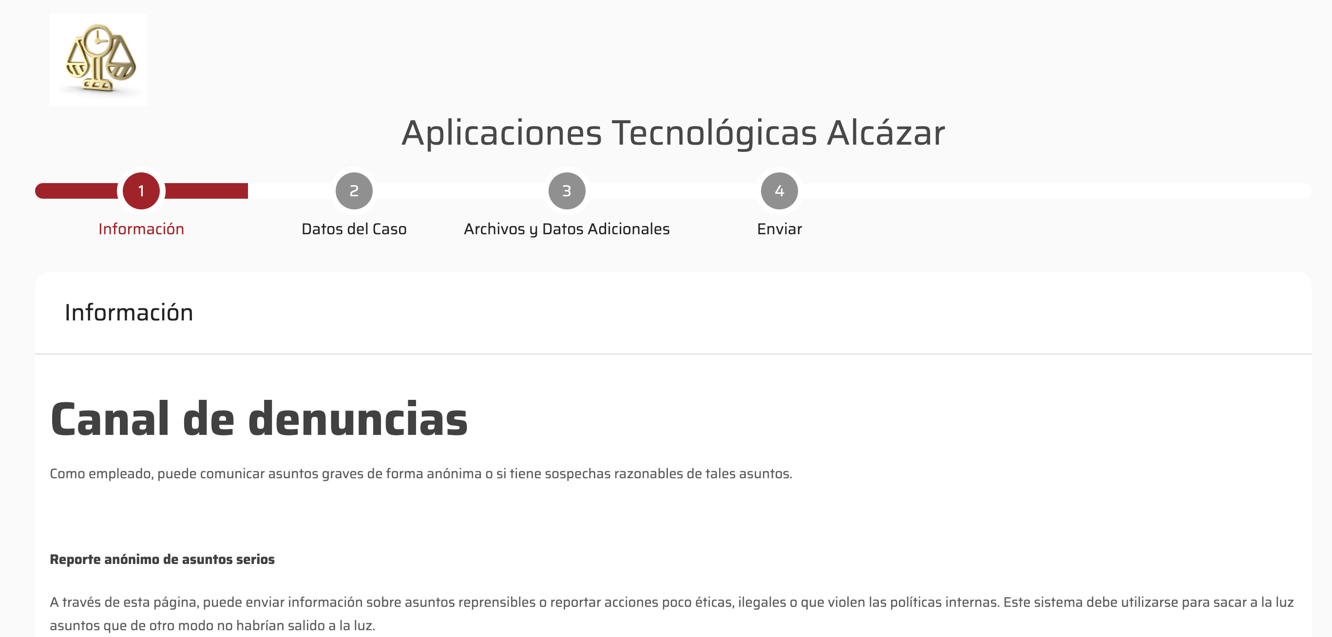 El informante visualiza la informaci&oacón relevante de cómo ha de reportar su caso (previamente configurada desde el &aárea privada del administrador).