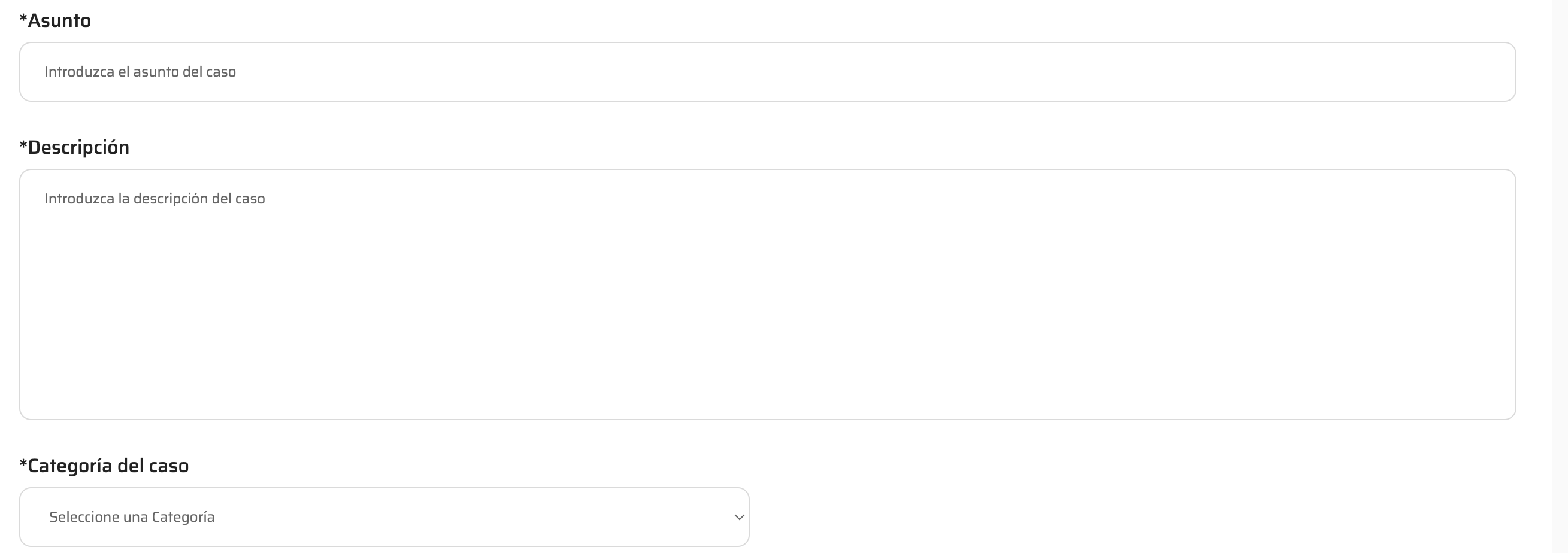 El informante introduce el asunto, descripción y categoría de su caso.