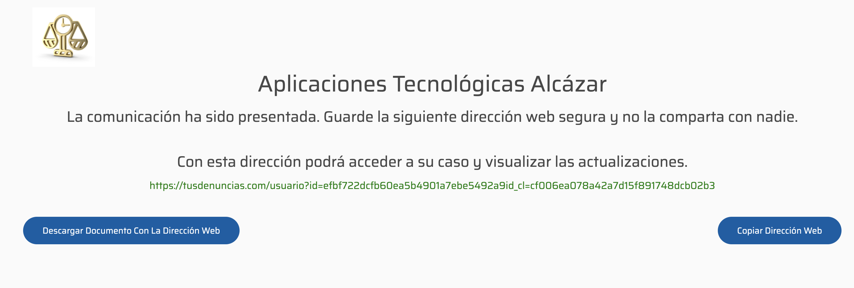 El usuario puede copiar y guardar el enlace con el acceso a su caso (único para cada informante de la empresa) y también descargar un documento PDF que contiene su enlace.