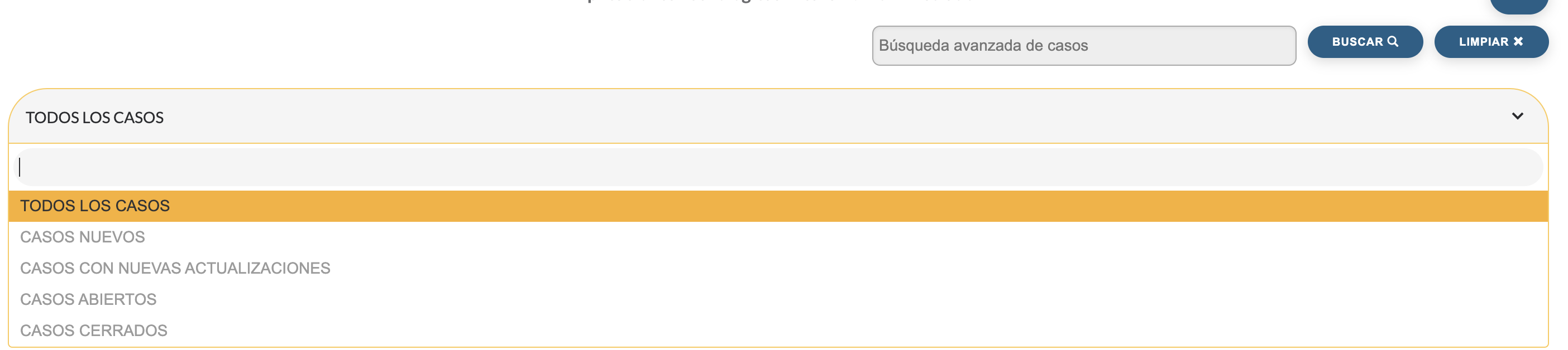 Filtros por casos abiertos, nuevos, cerrados, con nuevas actualizaciones y búsqueda avanzada.