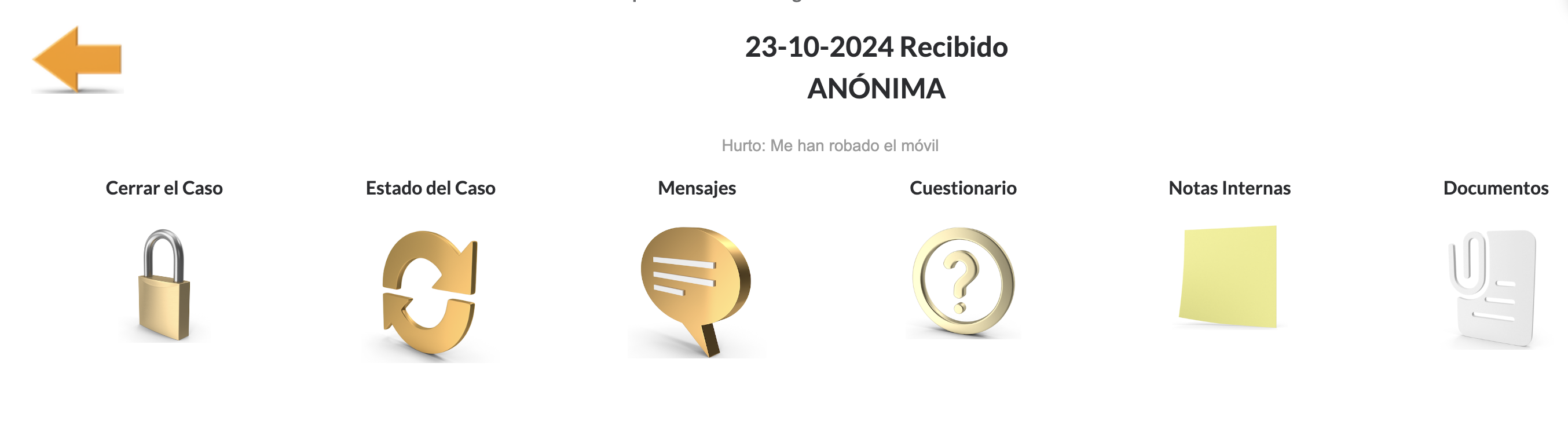 Barra de botones con lasopciones de seguimiento de un caso: cambio de estado, mensajes, cuestionario, notas internas y documentos.